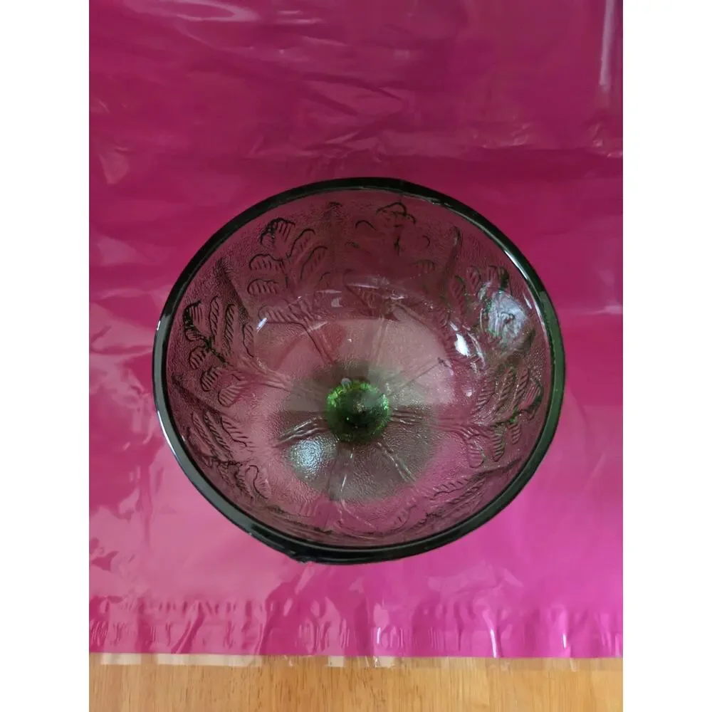 VTG FTD 1978 Green Glass Avocado Oak Leaf Pedestal Depression Bowl Dish